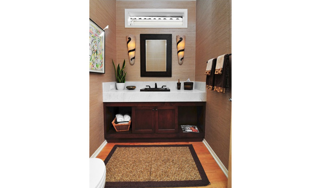contemporary powder room, crema delicato marble, neutral colors for powder room, small bathroom window, small sisal rug